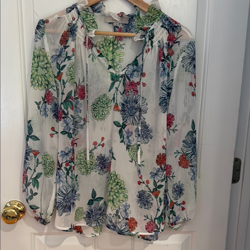LOFT Blue and Red Long Sleeve Tie Front Blouse